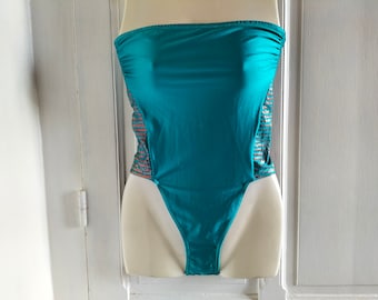 Traje de baño bandeau de una pieza para mujer, estilo vintage de los años 80, NUEVO, azul turquesa con estampados color cobre, Hecho en Francia, marca TRIUMPH Papillon.