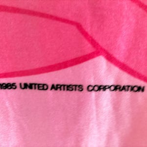 Pode incluir: Tecido rosa com um design rosa mais escuro. O texto "&copy; 1985 UNITED ARTISTS CORPORATION" est&aacute; impresso em preto na parte inferior da imagem. O tecido tem uma textura suave.