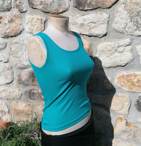 UNUSED Vintage Turquoise Blue, Black or White Tank Top 90's Fashion,  Stretchy Tank Top, Wide Straps, Woman, U Shape Neck, Made in FRANCE 