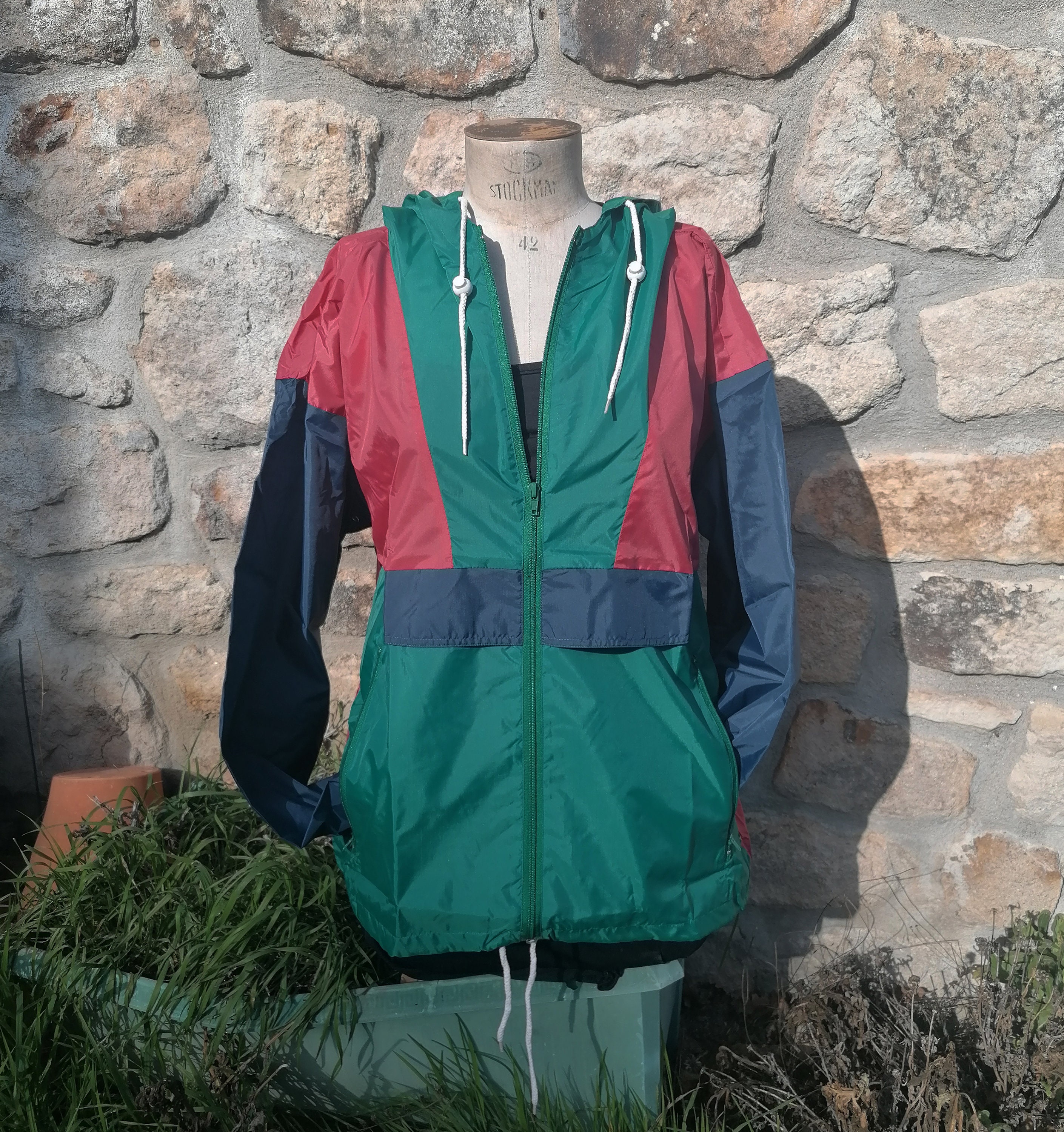 Veste Coupe-vent Vintage Ways Années 80 - Taille S Bleu Rayures Raglan