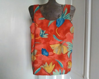 UNUSED 90's vintage women's tank top - red-orange top, blue and yellow flowers, wide straps, viscose top, light tank top, made in France