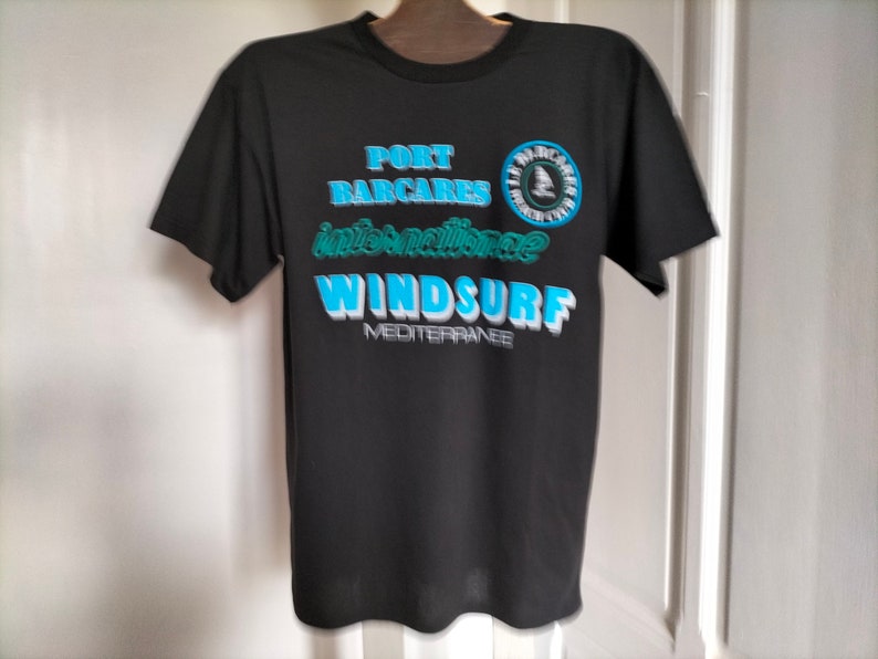 90's Vintage UNUSED unisex Tee-Shirt 7 colors available WINDSURF Méditerranée printed and relief patterns, made in FRANCE, boating T-shirt noir / black