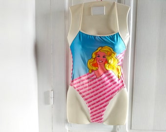 Maillot de bain bustier Fille Une Pièce vintage années 80 NEUF - bleu, rayures roses, motif BARBIE, bretelles croisées, fabriqué en France