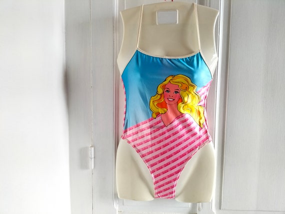 Maillot de bain bustier Fille Une Pièce vintage années 80 NEUF - bleu, rayures roses, motif BARBIE, bretelles croisées, fabriqué en France
