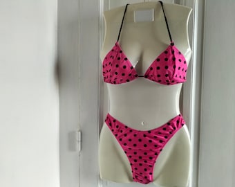 Women's unused with tag two-piece 90's vintage bathing suit - neon pink, black dots, polka dots, swimming suit, swimsuit, Made in France