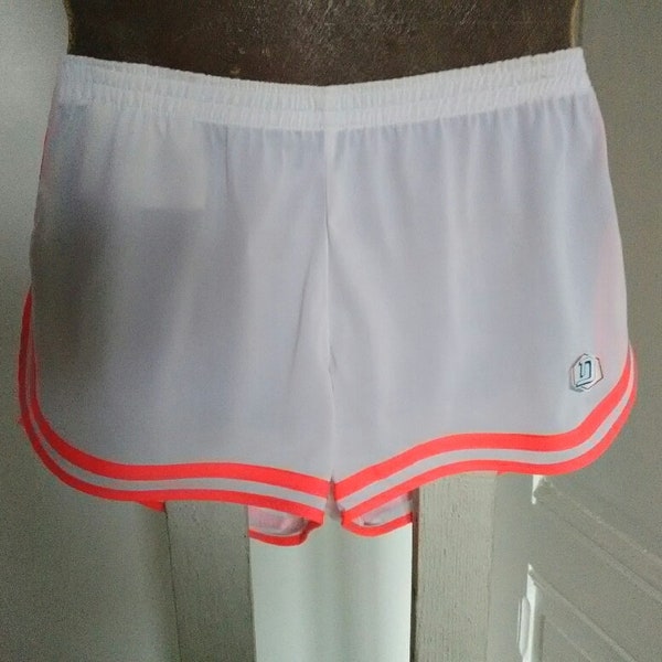 UNUSED vintage white nylon sprinter short shorts - 80's sports shorts, athelitic shorts, elastic belt, orange border, made in France