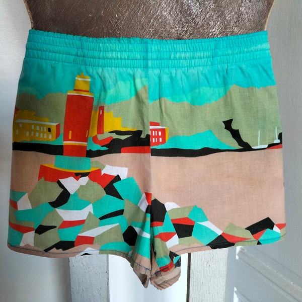 Short de bain Homme vintage années 80 NEUF - turquoise, phare, surf, motifs graphiques multicolores plage,  marque TRIUMPH International