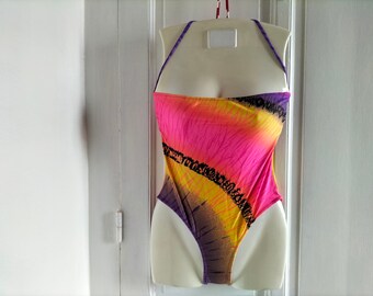 UNUSED Women's one-piece vintage bustier bathing suit - 80's deadstock, pink, purple, yellow, beige, swimming suit, Made in France NICE