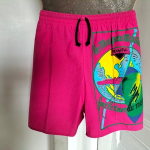Short de bain homme grande taille vintage années 80 NEUF - rose fluo fuchsia, motifs surf, fabriqué en Espagne, MEYBA