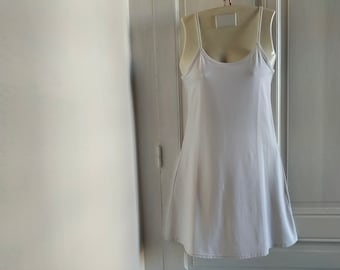 Vestido corto blanco vintage de los años 90 con tirantes finos - NUEVO - vestido de verano, vestido acampanado, hecho en Francia, CHARBELL Paris, vestido trapecio