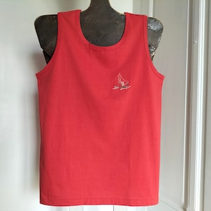 UNUSED Men&#39;s vintage tank top - deadstock, 2000&#39;s tanks, red with sailboat pattern, cotton, made in France, muscle tank, boating outfit