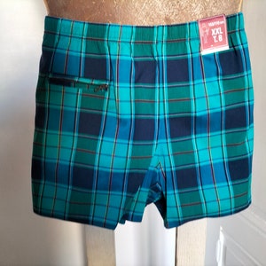 Vintage 90s heren zwemshort NIEUW - groen, blauw geruit, dunne gele lijnen, grote maat, gemaakt in Frankrijk ALPSTYL