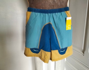 UNUSED 90's vintage men's swim trunks - yellow and blue, swimming shorts, color block, surfer shorts, Made in FRANCE, brand CRI