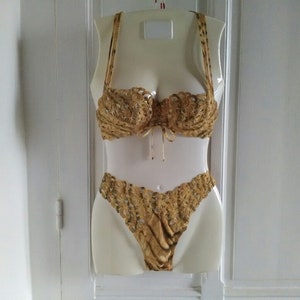 90&#39;s women&#39;s two - pieces bathing suit Nicole Olivier - UNUSED WITH TAG, made in France, gold with openworked guipure, luxury bathing suit