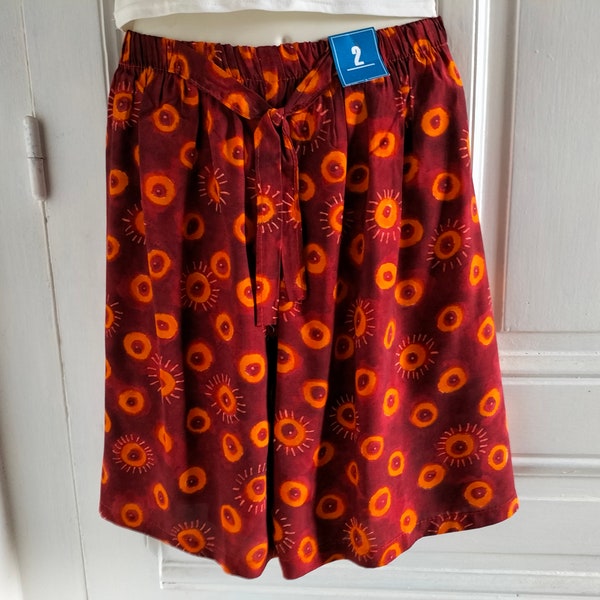 Short long femme vintage années 90, NEUF - marron et orange, motifs soleil, nœud devant, ceinture élastique,  fabriqué en FRANCE, NIV