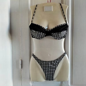 Women's UNUSED vintage with tag 90's balconnet bikini - black and white swimming suit, houndstooth pattern, Made in FRANCE, brand  Flor Azur