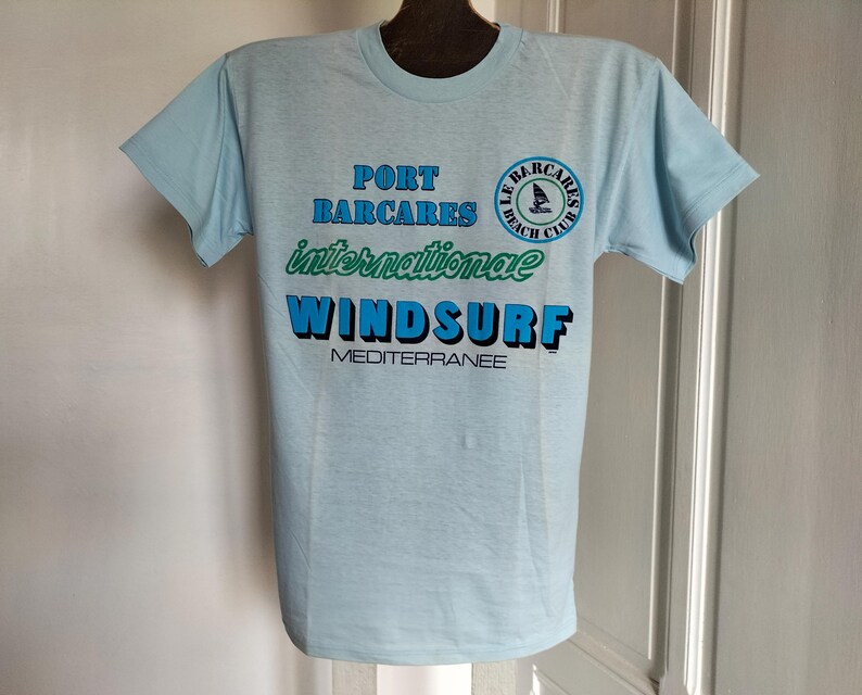 90's Vintage UNUSED unisex Tee-Shirt 7 colors available WINDSURF Méditerranée printed and relief patterns, made in FRANCE, boating T-shirt Bleu Ciel/Light Blue