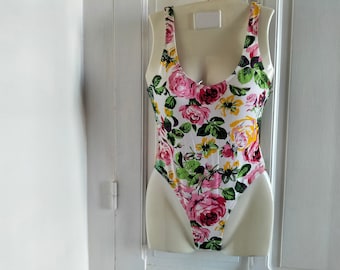 Maillot de bain Femme Une Pièce vintage années 90 NEUF - blanc avec roses multicolores, fabriqué en France,marque Triumph