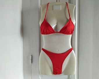 Maillot de bain triangle FEMME 2 Pièces vintage années 80 NEUF - bikini rouge orangé, fabriqué en France, TYCHE Valérie, taille 44