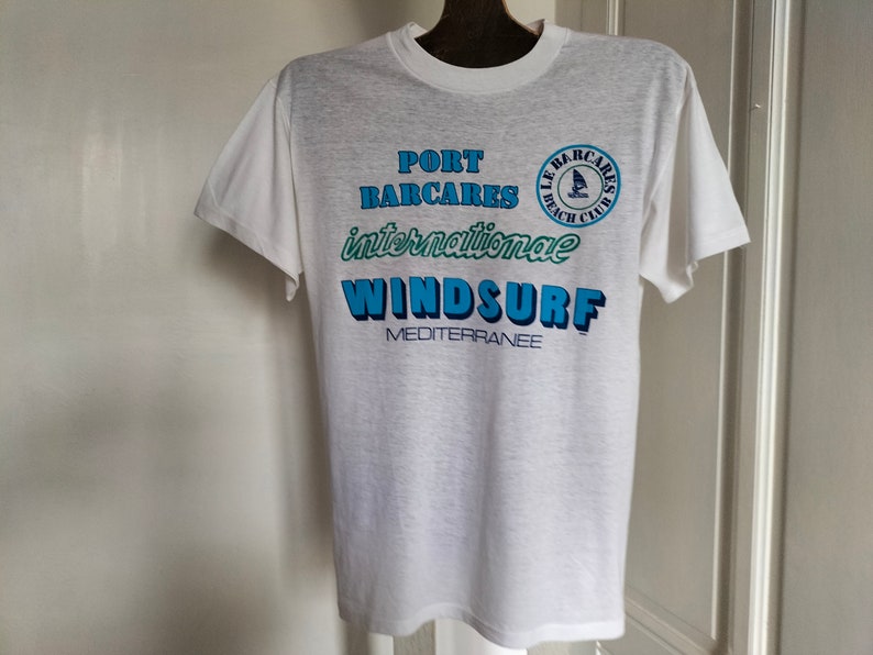 90's Vintage UNUSED unisex Tee-Shirt 7 colors available WINDSURF Méditerranée printed and relief patterns, made in FRANCE, boating T-shirt blanc / white