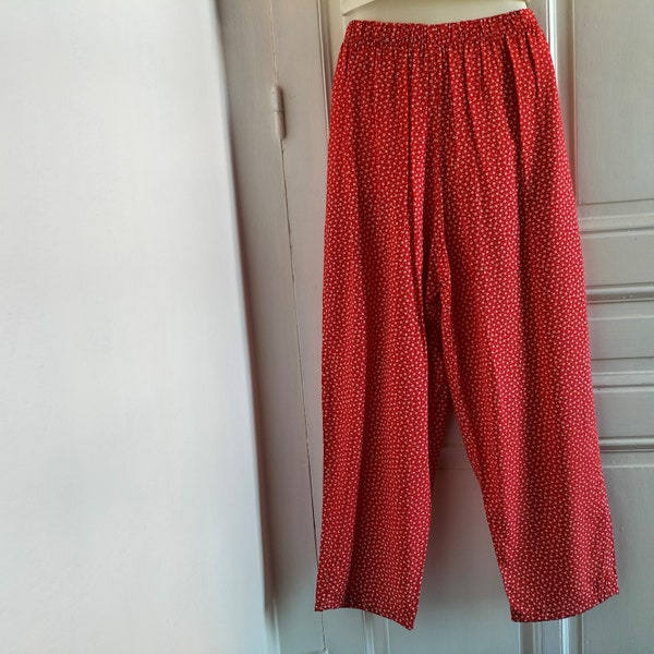 Pantalon Femme été vintage NEUF - rouge orangé avec fleurs et pois blancs, tissu liberty, ceinture élastique, fabriqué en France