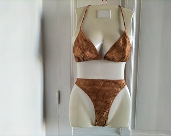 Women's UNUSED two-piece vintage bathing suit - brown bikini, swimming suit, made in FRANCE, brand Tyché Valérie, gold brown, 70's bikini