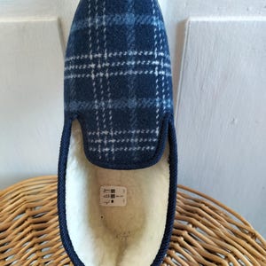 UNUSED vintage wool-lined slippers - Charentaises - blue and white tartan patterns, elastomer sole, french SIZE 36, made in France SODOPAC