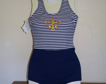 Maillot de bain shorty Une Pièce vintage NEUF rayé bleu et blanc  -  NEUF avec étiquette, années 90, fabriqué en France, motif ancre