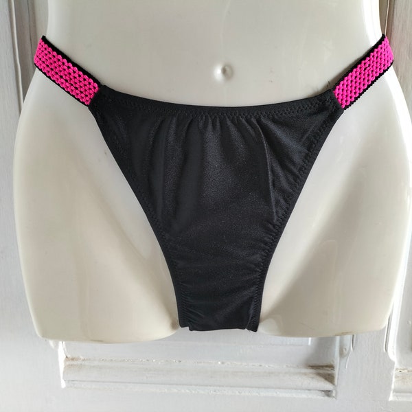 Bas de maillot de bain FEMME vintage années 90 - NEUF avec étiquette, rose fluo et noir ou violet, fabriqué en France, culotte échancrée