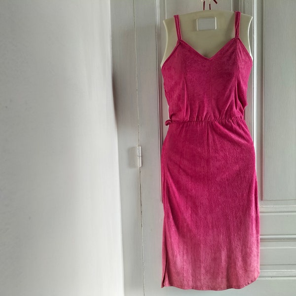 Robe à bretelles fines années 80 vintage NEUVE - dégradé couleur rose fuchsia, ombré, fendue, robe d'été, fabriqué en France, marque NIV