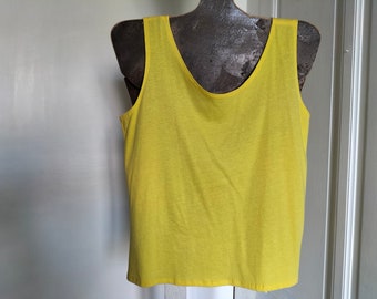 UNUSED 90's vintage women's tank top - yellow, round collar, wide straps, light fabric tank top, made in France NIV