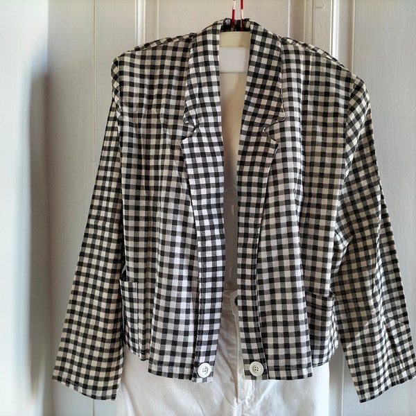 Veste légère Vichy vintage NEUVE années 80 - blazer manches longues,noir et blanc, carreaux vichy, col ouvert, coton, fabriqué en France