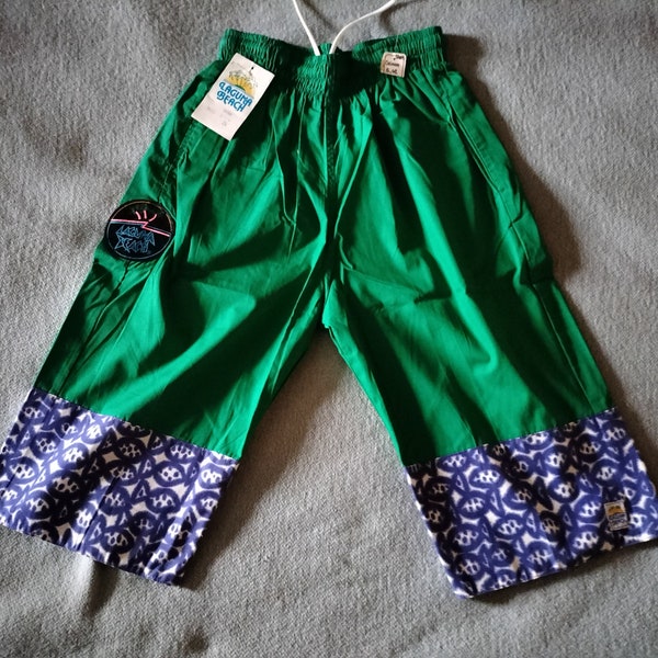 Bermuda long vintage NEUF vert et bleu avec motifs poissons - coton, ceinture élastique, cordon de serrage, made in FRANCE Laguna Beach