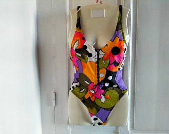 Women's one-piece vintage luxury bathing suit - unused vintage, multicolored flowers, dots swimming suit, Made in France TYCHE Valérie NICE