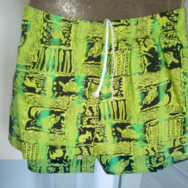 Short homme vert/jaune FLUO vintage années 90 NEUF - motifs graphiques animaux, ceinture élastique avec cordon, coton, fabrication Française