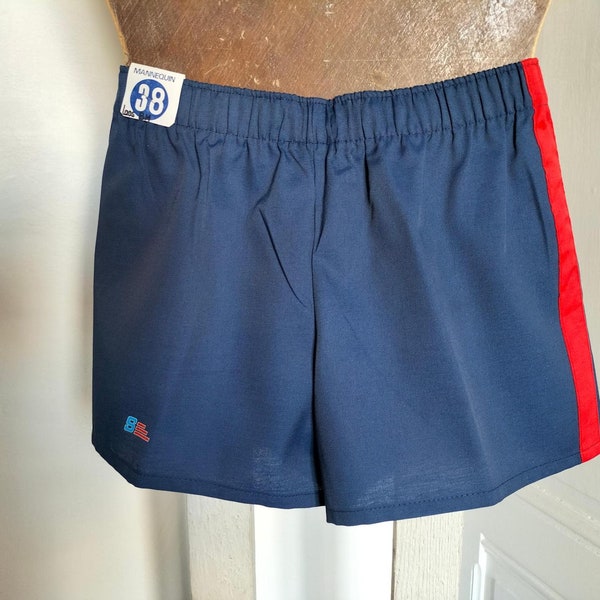 Short homme noir, blanc ou bleu, bande rouge, vintage 90 NEUF - ceinture élastique à la taille, fabrication Française SARITEX