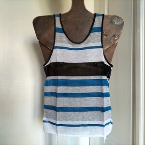 Vintage heren tank top 80s NIEUW - wit net stof, blauwe en zwarte strepen, gemaakt in FRANKRIJK, Albert DUBOIS hardlopen, sport