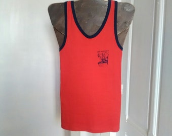 80's Vintage unused unisex long tank top - stretching fabric, red, black, white, blue, fishing boat PORT BARCARES, made FRANCE, muscle tank
