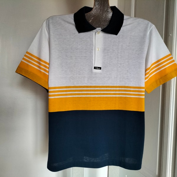 Polo homme manches courtes vintage années 90 NEUF - taille XXL, bleu-blanc-jaune, coton, polyester, TAILLE 52/54, style  80's, colorblock
