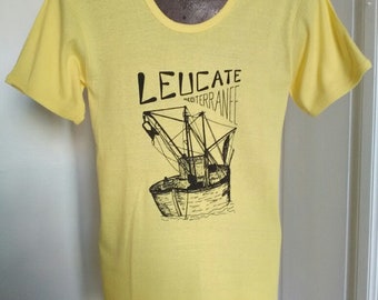 UNUSED 80's vintage unisex printed T-Shirt - LEUCATE Méditerranée, 6 available colors, 100% cotton ,fishing boat print, made in Italy-France