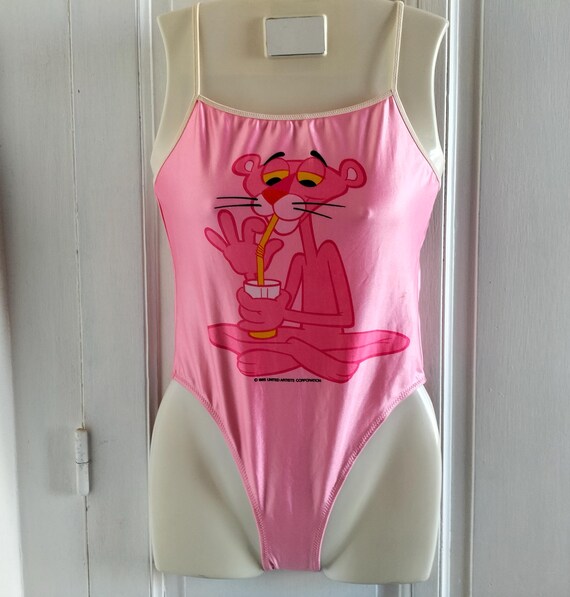 Maillot de bain bustier 1 pièce Femme ou Fille, vintage années 80 NEUF, rose, motif Panthère Rose, bretelles croisées, fabriqué en France