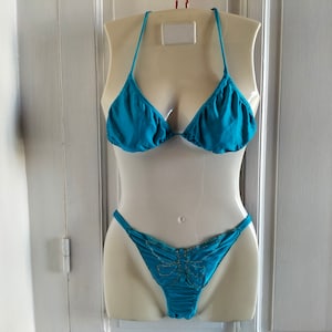 Women&#39;s UNUSED triangle two-piece vintage 80&#39;s bikini - bathing suit, thin straps, turquoise blue, golden butterfly, made in FRANCE