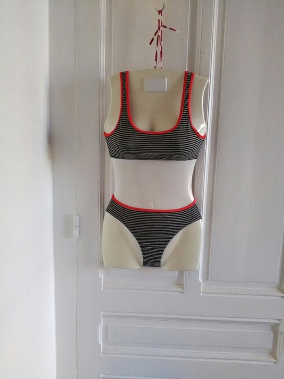 Maillot de bain FILLE 2 Pièces vintage années 90 NEUF - Taille 12 ans, brassière, NEUF avec étiquette, rayé noir et gris, coton, élasthanne