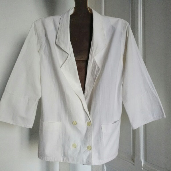 Blazer vintage léger blanc NEUF années 80 - manches 3/4, 2 poches côtés, fermeture boutons, coton, Fabriqué en France, veste été unisexe