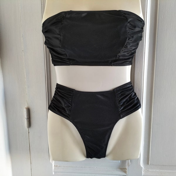 Maillot de bain femme 2 Pièces bandeau noir - vintage années 80 NEUF AVEC ETIQUETTE, taille haute,  polyamide, Made in France, Flor Azur