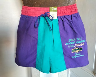UNUSED 90's vintage men's swim trunks - green, violet,pink, swimming shorts, USA HAWAII pattern, color block, surfer shorts, made in France