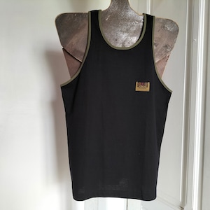 Vintage-Tanktop für Herren, NEUES Etikett – Schwarz oder Khaki, Khaki oder schwarzer Rand, „AFRICAN“-Logo, 90er Jahre, Baumwolle, hergestellt in Frankreich, Größe 3
