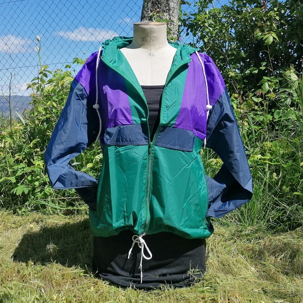 Coupe-vent à capuche vintage années 90 NEUF - violet, vert bleu avec zip, coupe-vent zippé banane, streetwear, imperméable,vêtement de pluie