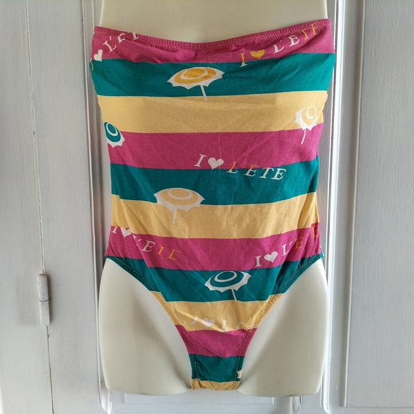 Maillot de bain bustier Femme 1 Pièce vintage années 80 NEUF - rose, jaune, bleu, motifs parasol été, fabriqué en France, Tyche Valérie NICE