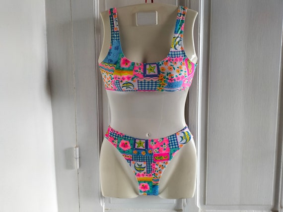Maillot de bain Femme 2 Pièces brassière vintage années 90 NEUF - multicolore, motifs patchwork fleurs, carreaux, fabriqué en FRANCE T32